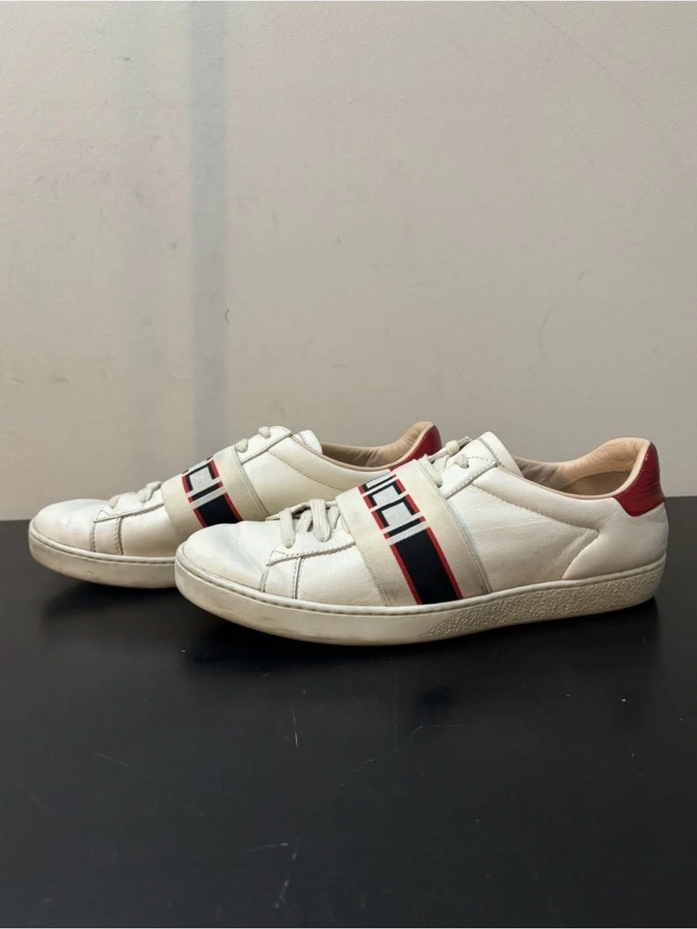 Gucci Ace Logo Band Stripe Leather Sneakers White Red